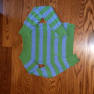 Off the shoulder blue, green sweater